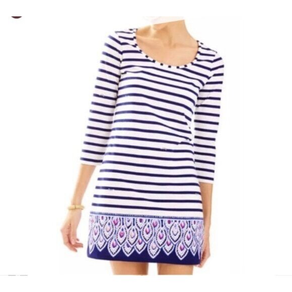 Lilly Pulitzer Striped Mini Cotton Sun Dress Sz Small Navy Blue & White 3/4 Slee - Picture 9 of 14